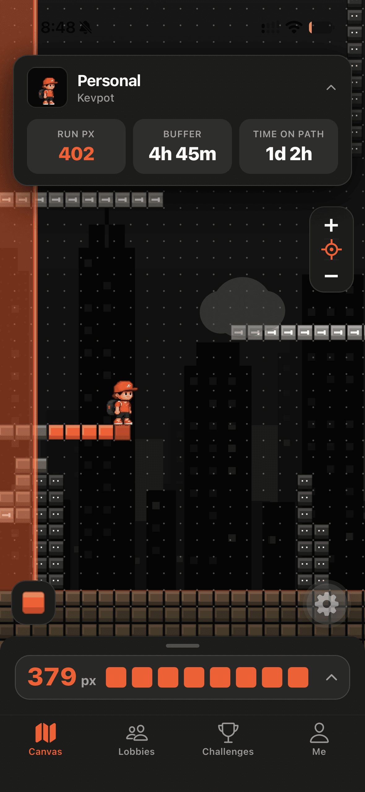 Path app showing the personal canvas: a pixel runner on an orange path, 402 run px and a 4h 45m buffer